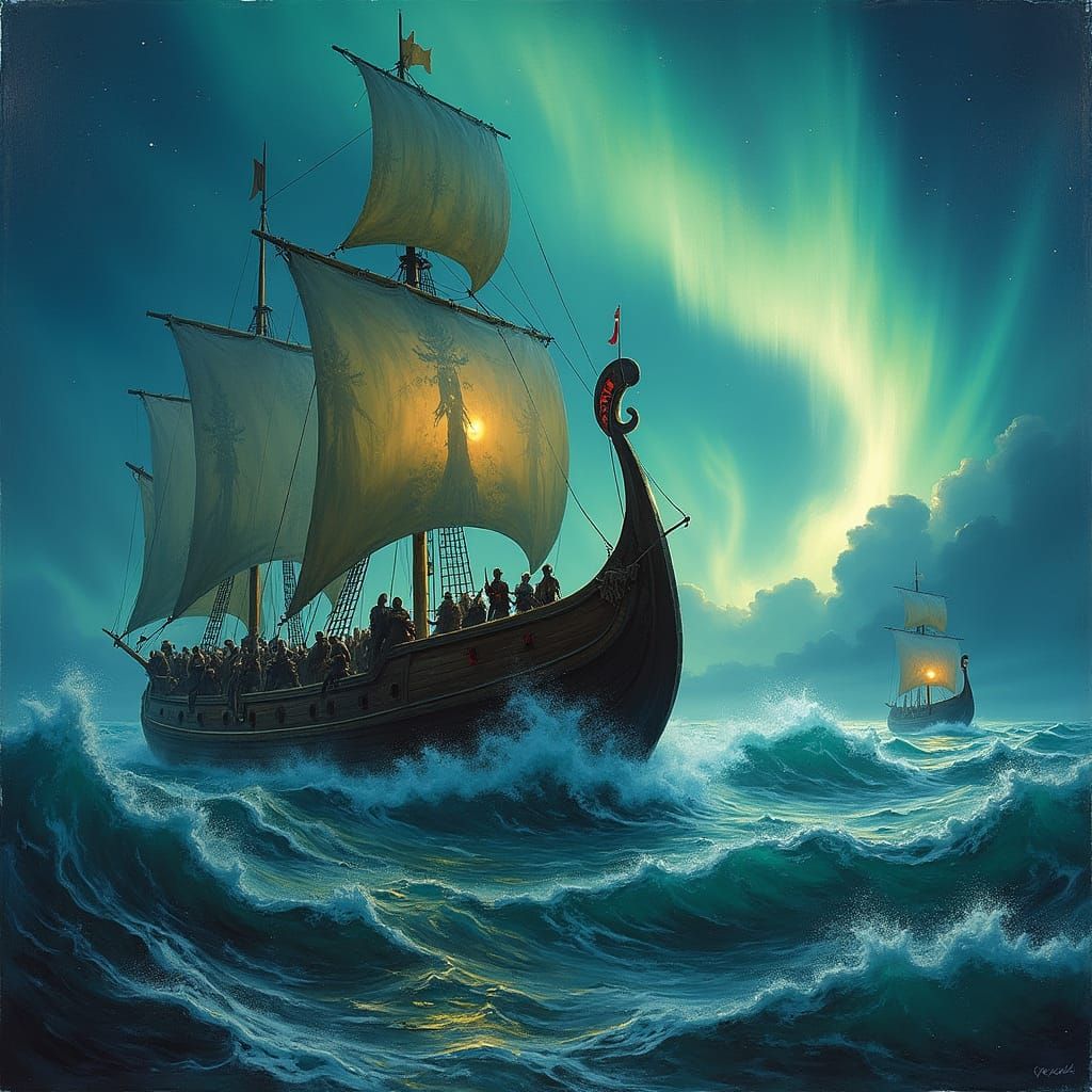 Viking Longship Under Northern Lights in Classic Oil Paintin...