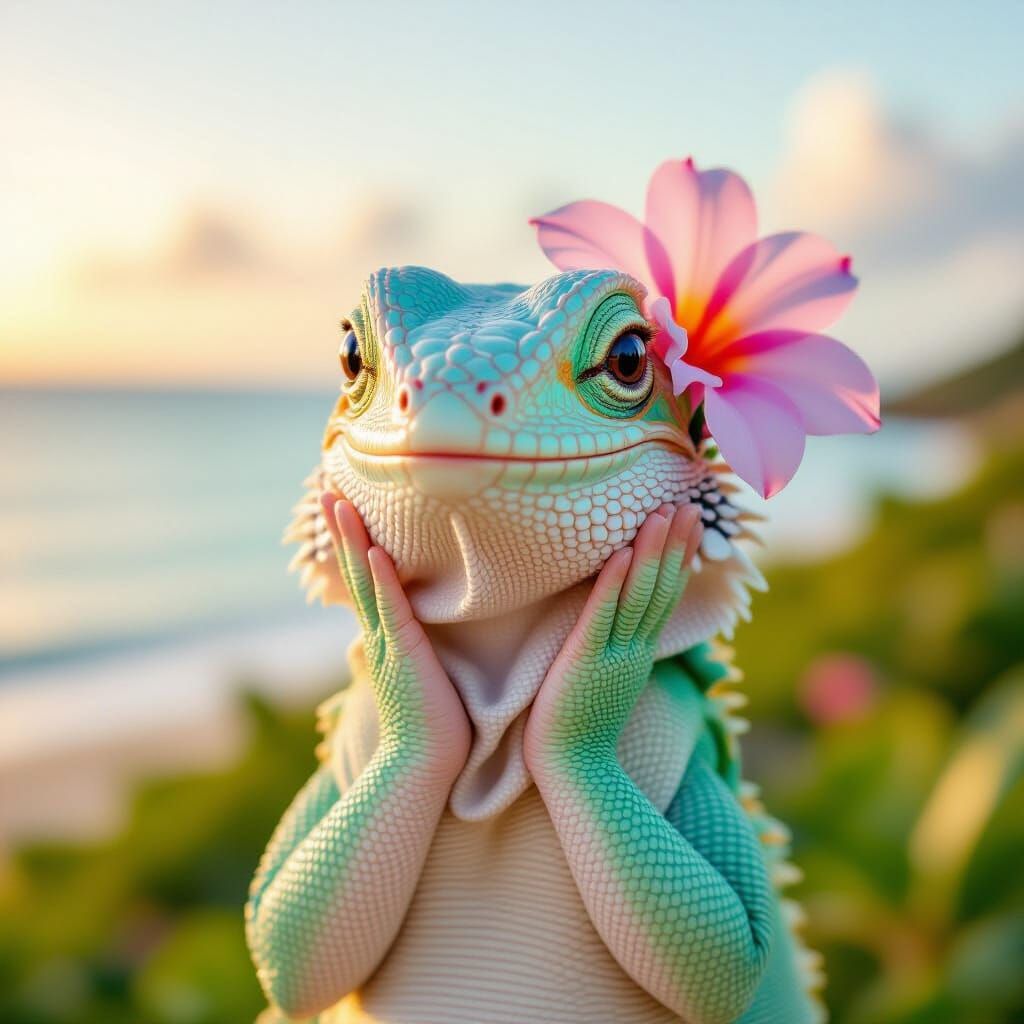 Friendly Lizard Contemplates the Ocean at Sunset