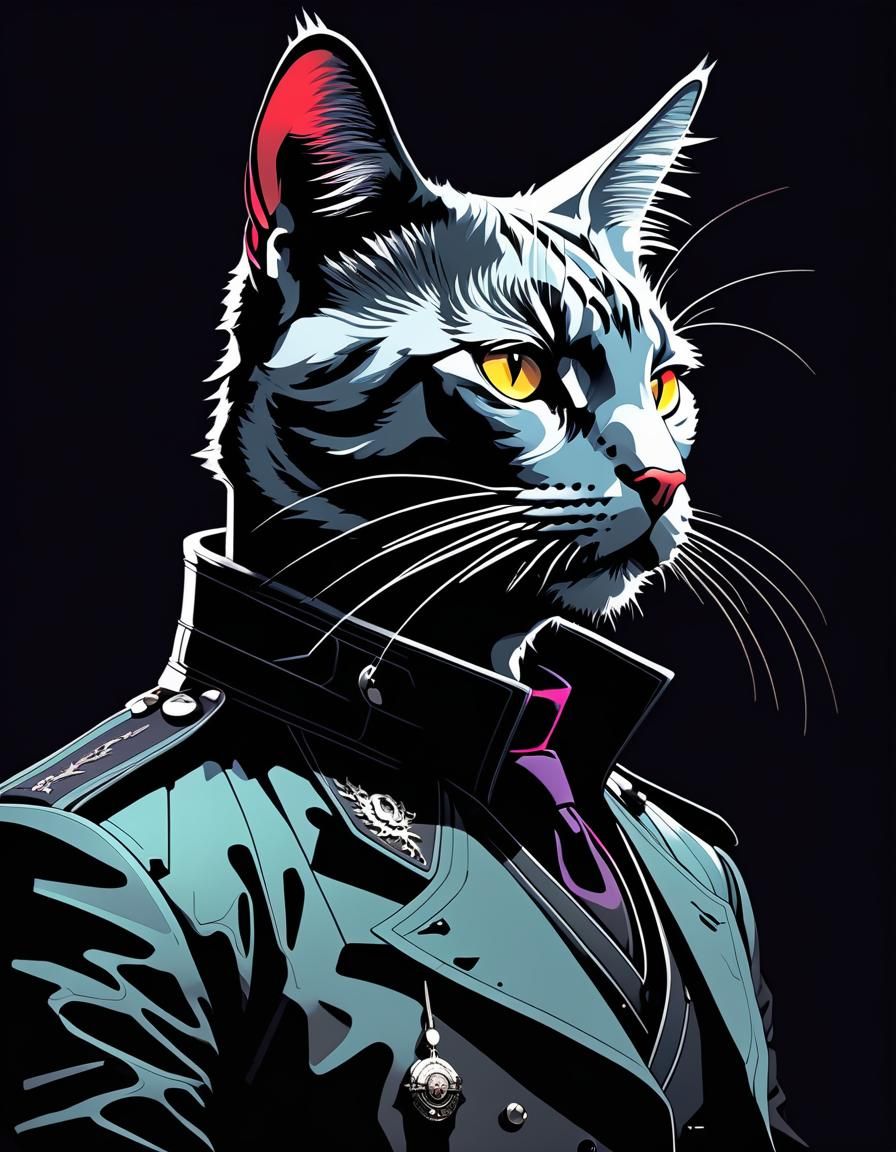 Victorian Goth Punk Anthropomorphic Cat Ink Drawing