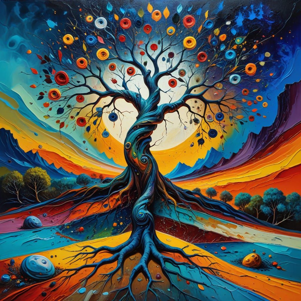 Surreal Tree Upside Down in Neo-Impressionist Oil Painting