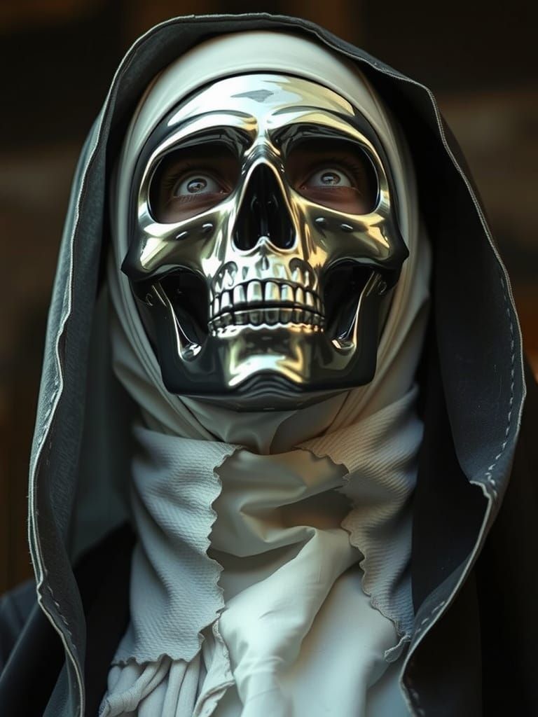 Eldritch Nun in Chrome Skull Mask, Suffocating in Dark Surre...