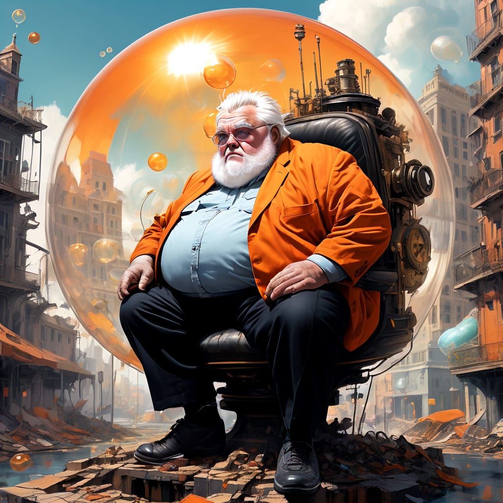 Grumpy Old Man on Bubble in Steampunk City