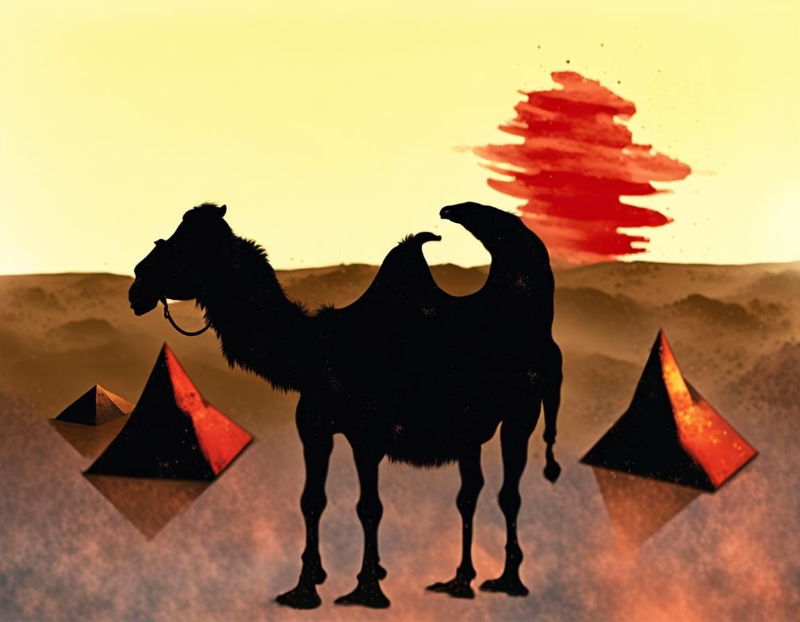 Camel Silhouette at Pyramids in Plastic Vignette Style