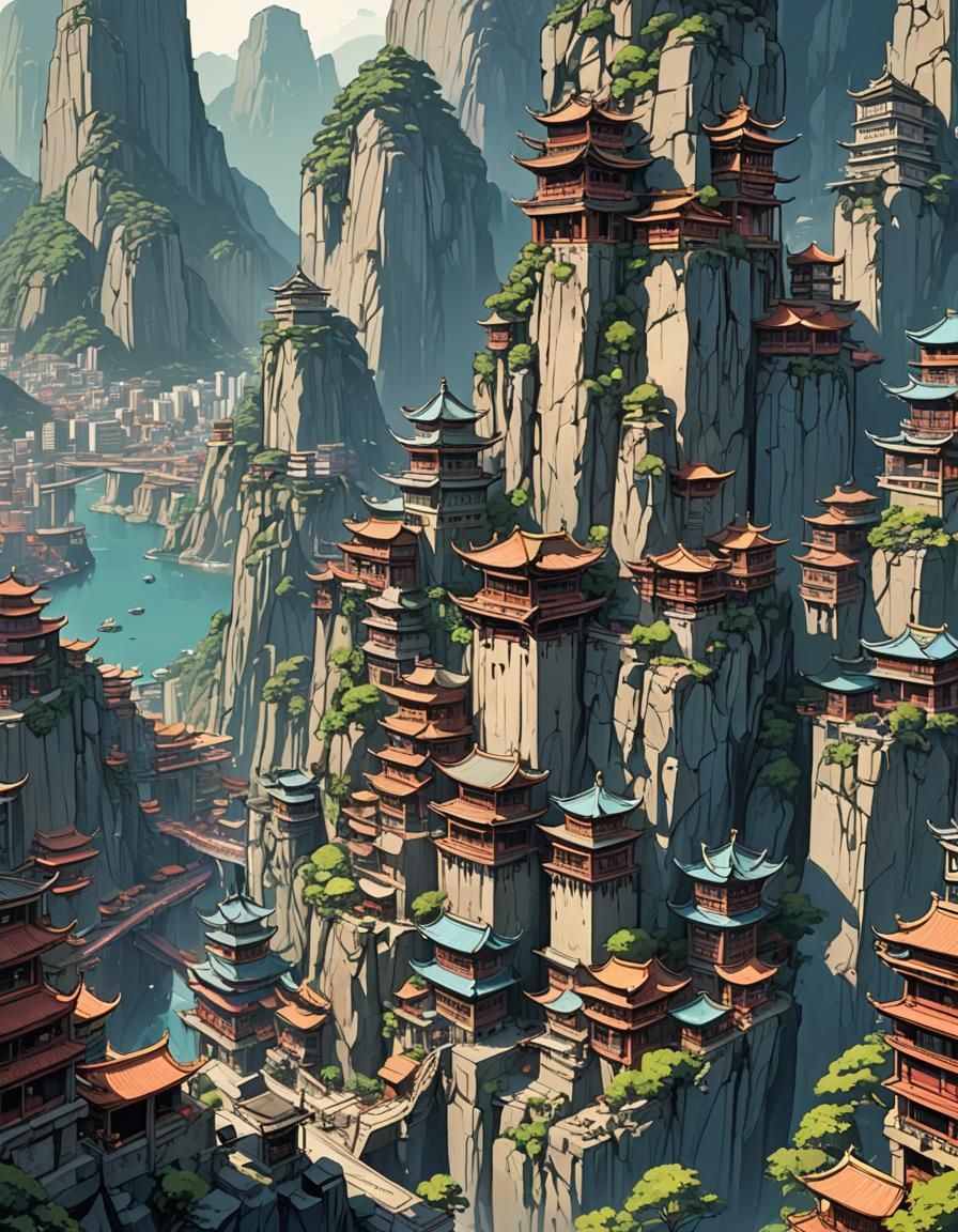 Kowloon-Inspired City on Pillar Mountains, Anime Style