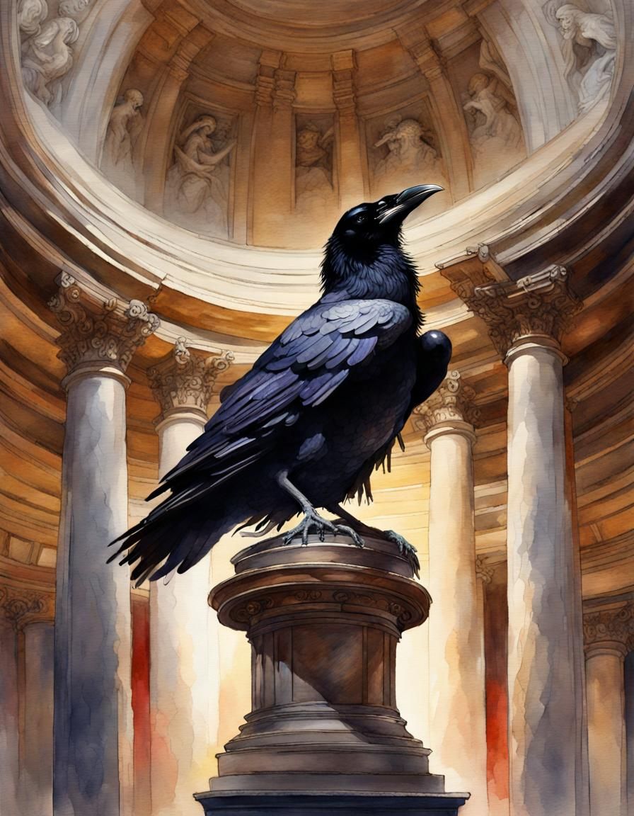 Raven on Athena Bust: Watercolor Dark Academia