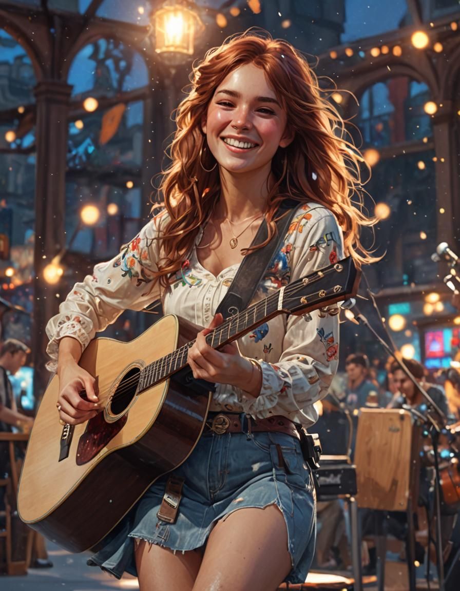 Smiling Guitarist Portrait in Hyperdetailed Style