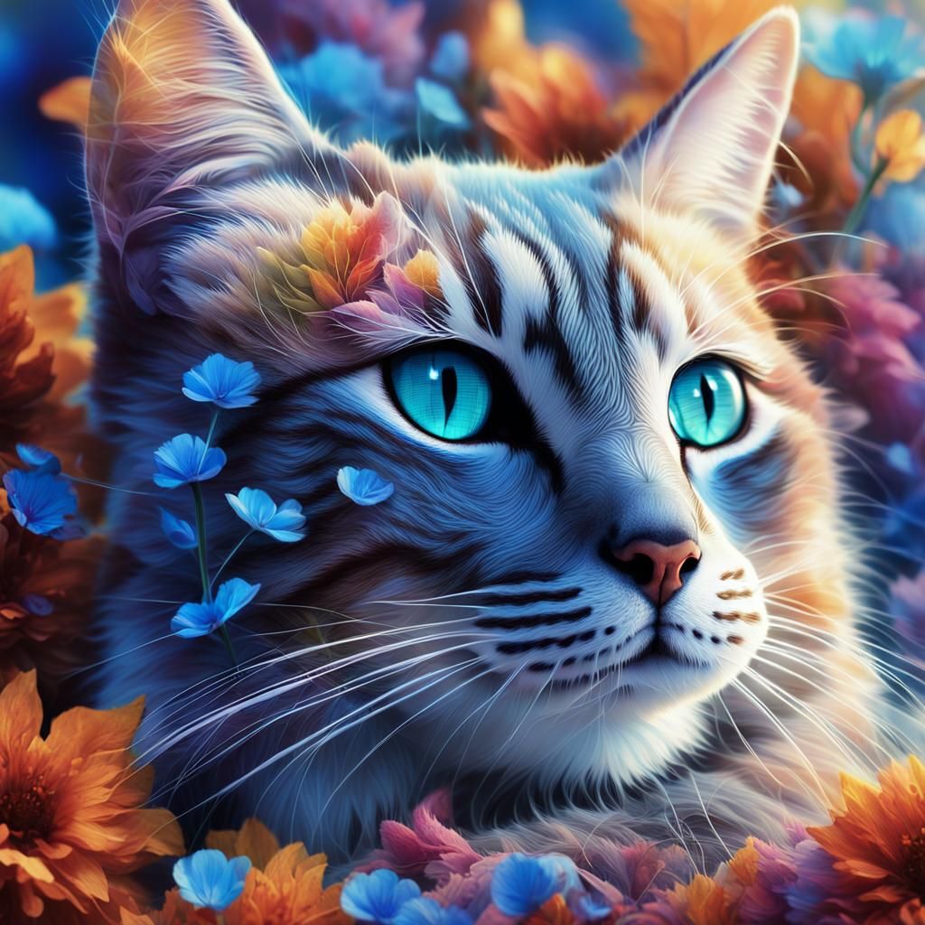 Cat in Autumn Flowers, Solarization Photography