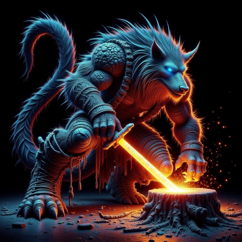 Blacksmith Forging Sword With Flying Sparks