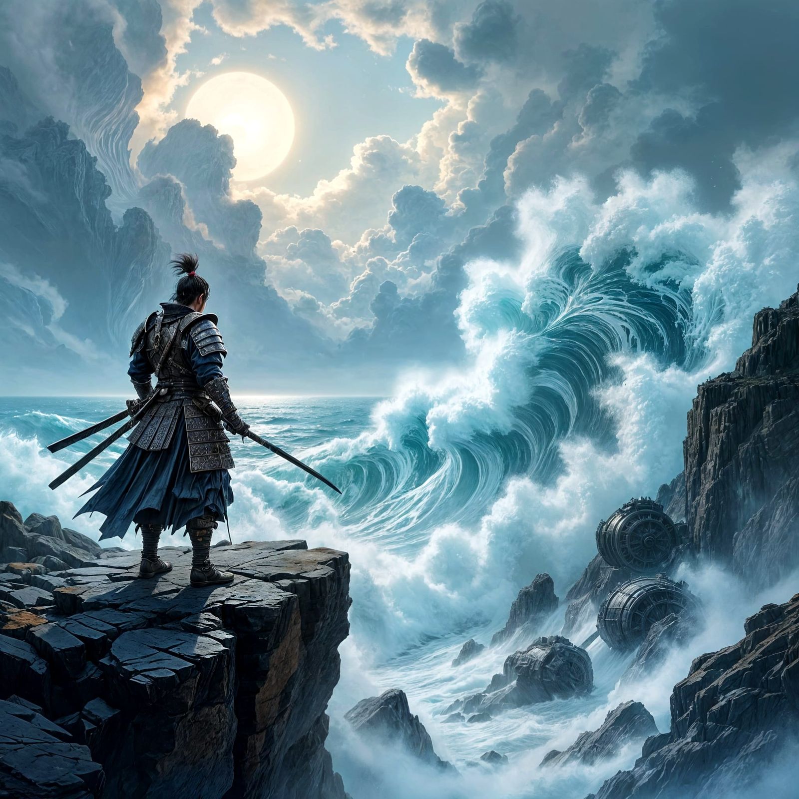 Samurai Warrior on Cliff Overlooking Stormy Mechanical Sea