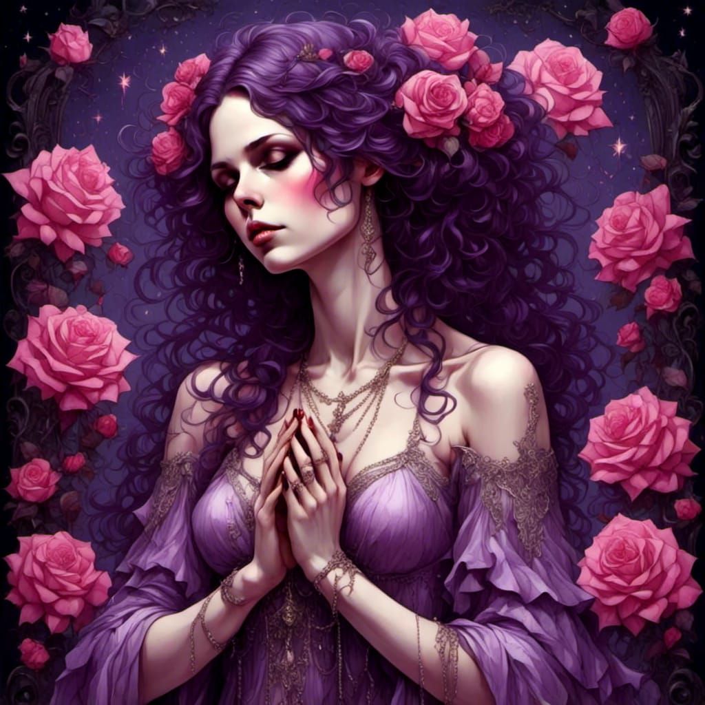 Glittery Angel Praying in Enchanted Rose Garden