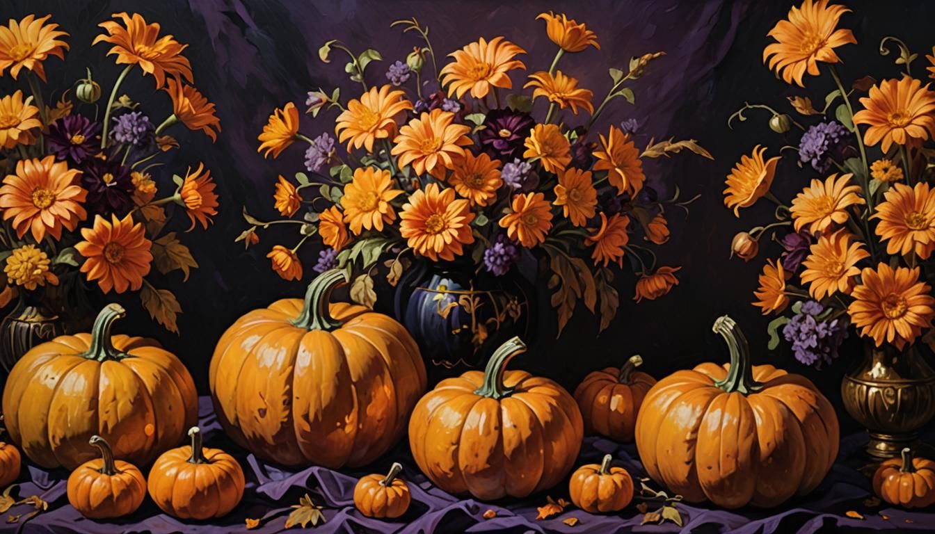 Renaissance Pumpkins Surrounded by Flowers in Golden Light