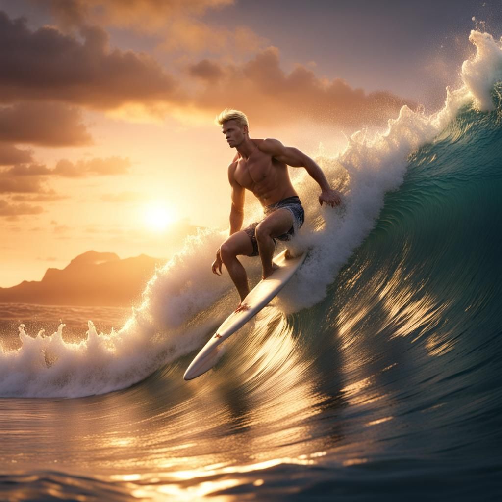 Muscular Surfer Catches Wave at Sunset in Hawaii