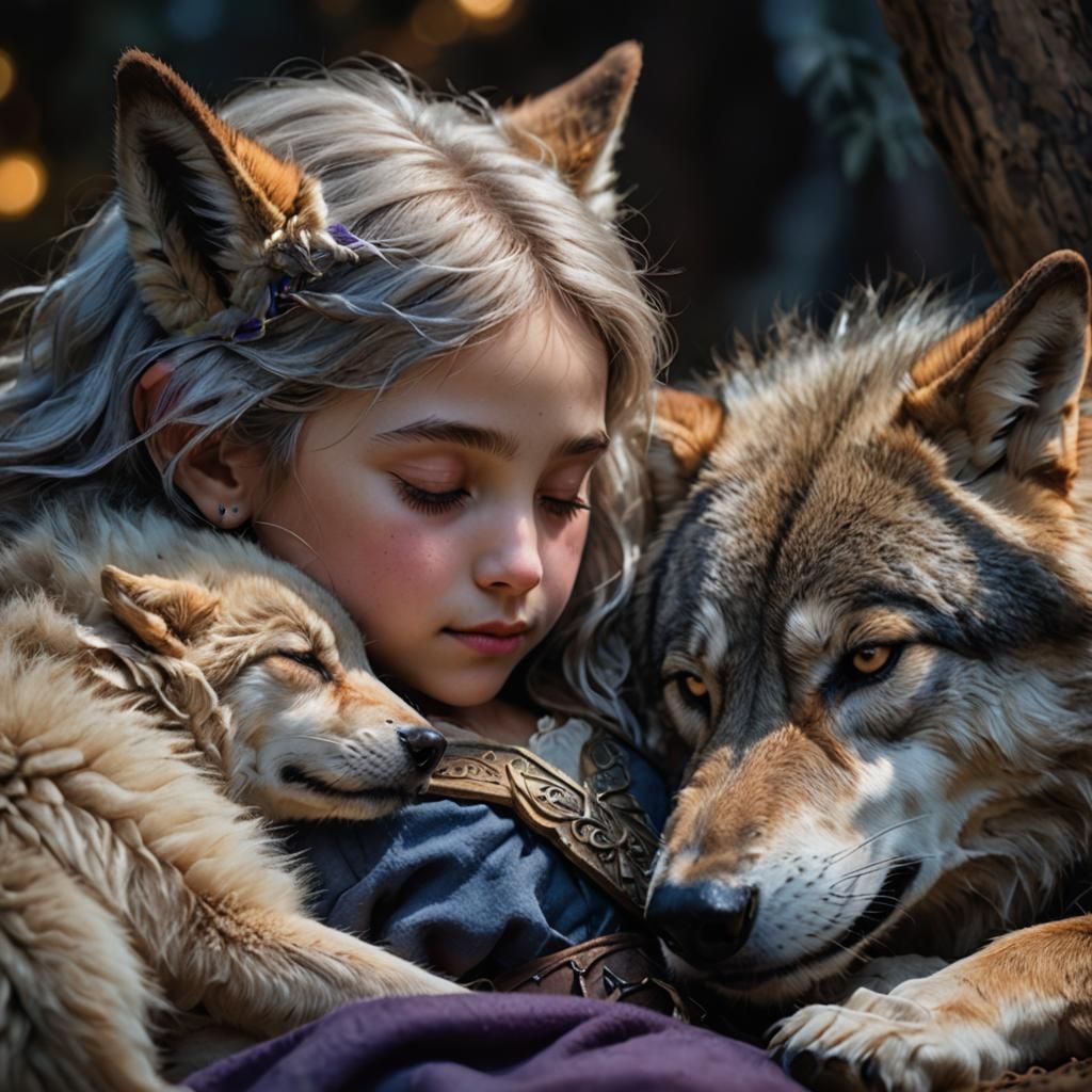 Surreal Fantasy Portrait of Elf Child and Grey Wolf in Gentl...