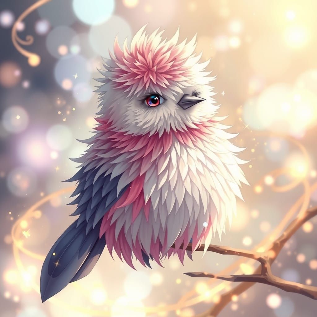 Fluffy Pompom Bird with Golden Swirls in Anime Style