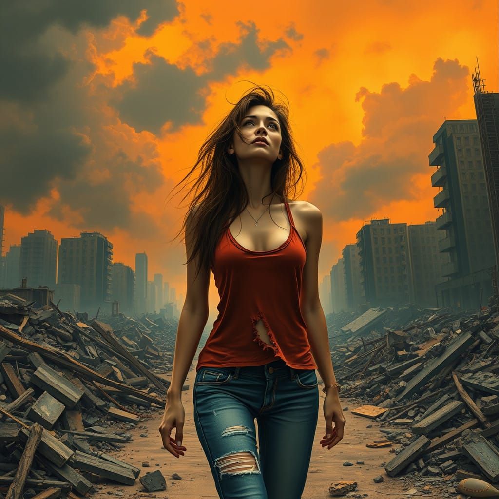 Post-Apocalyptic Woman Walks Amidst Ruins with Determination