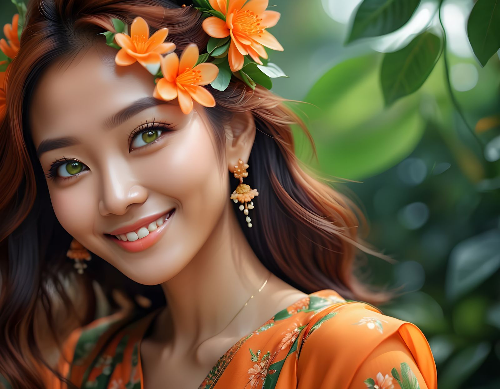 Gorgeous Malaysian Woman with Orange Flower Portrait