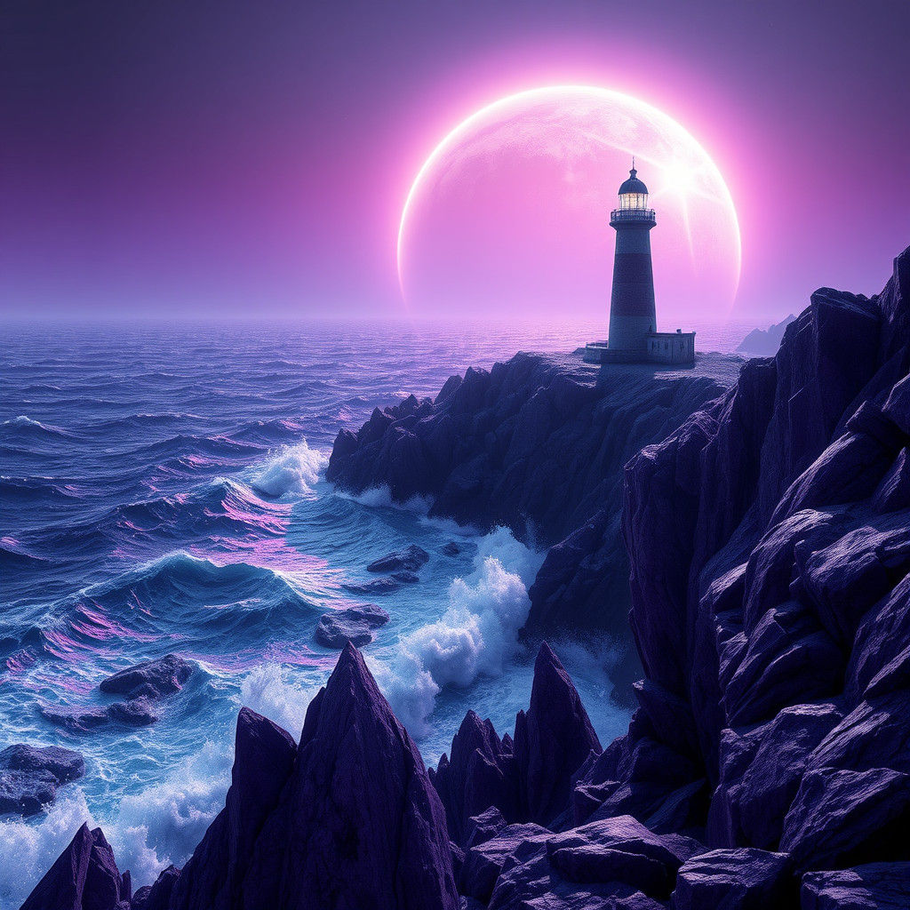 Alien Lighthouse on Stormy Shore, Vivid Matte Painting