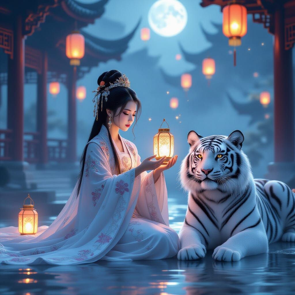 Moonlit Princess Releases Lanterns with White Tiger