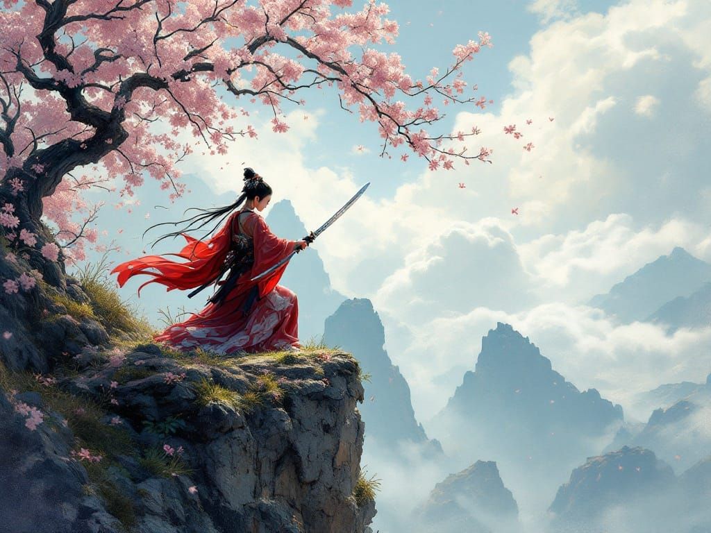 Geisha Martial Arts on Cliff in Grunge Style