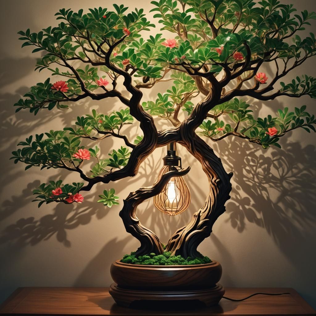Bonsai Tree Lamp in Hyperrealistic Digital Art