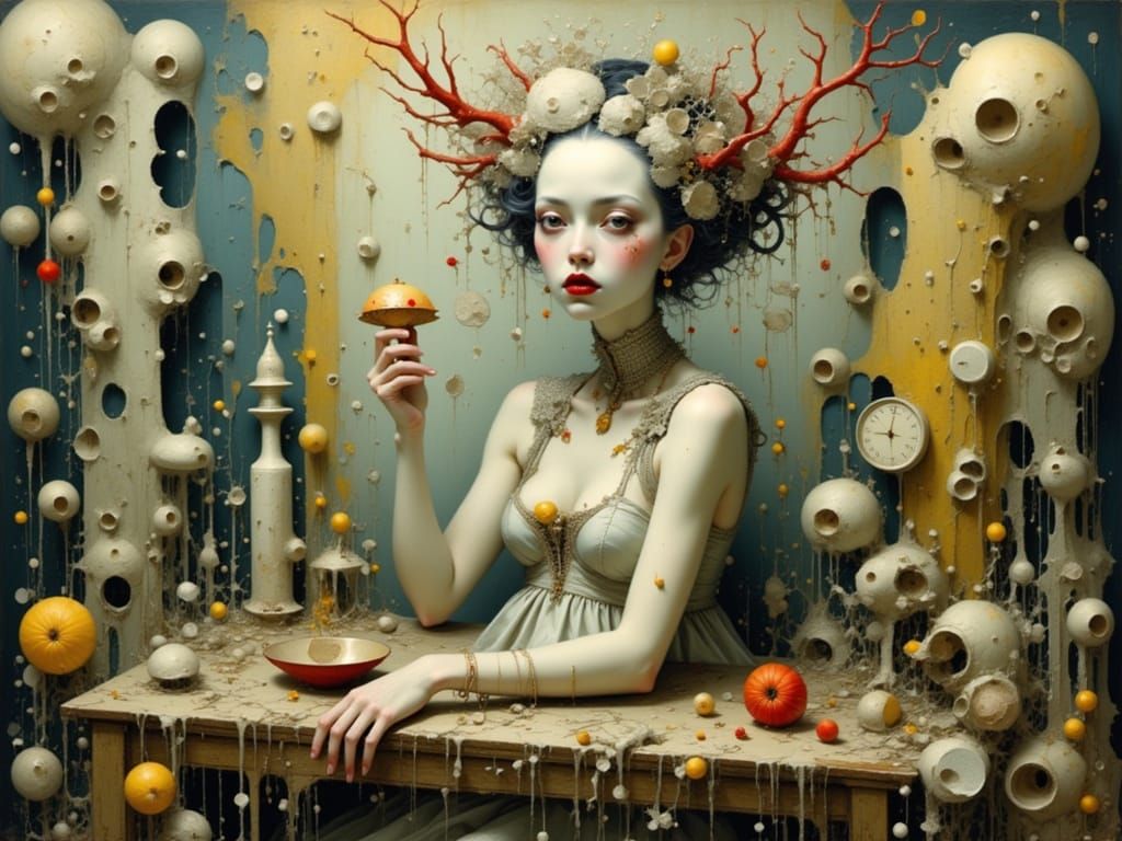 Dreamlike Figure in Surreal Environment as Oil Painting