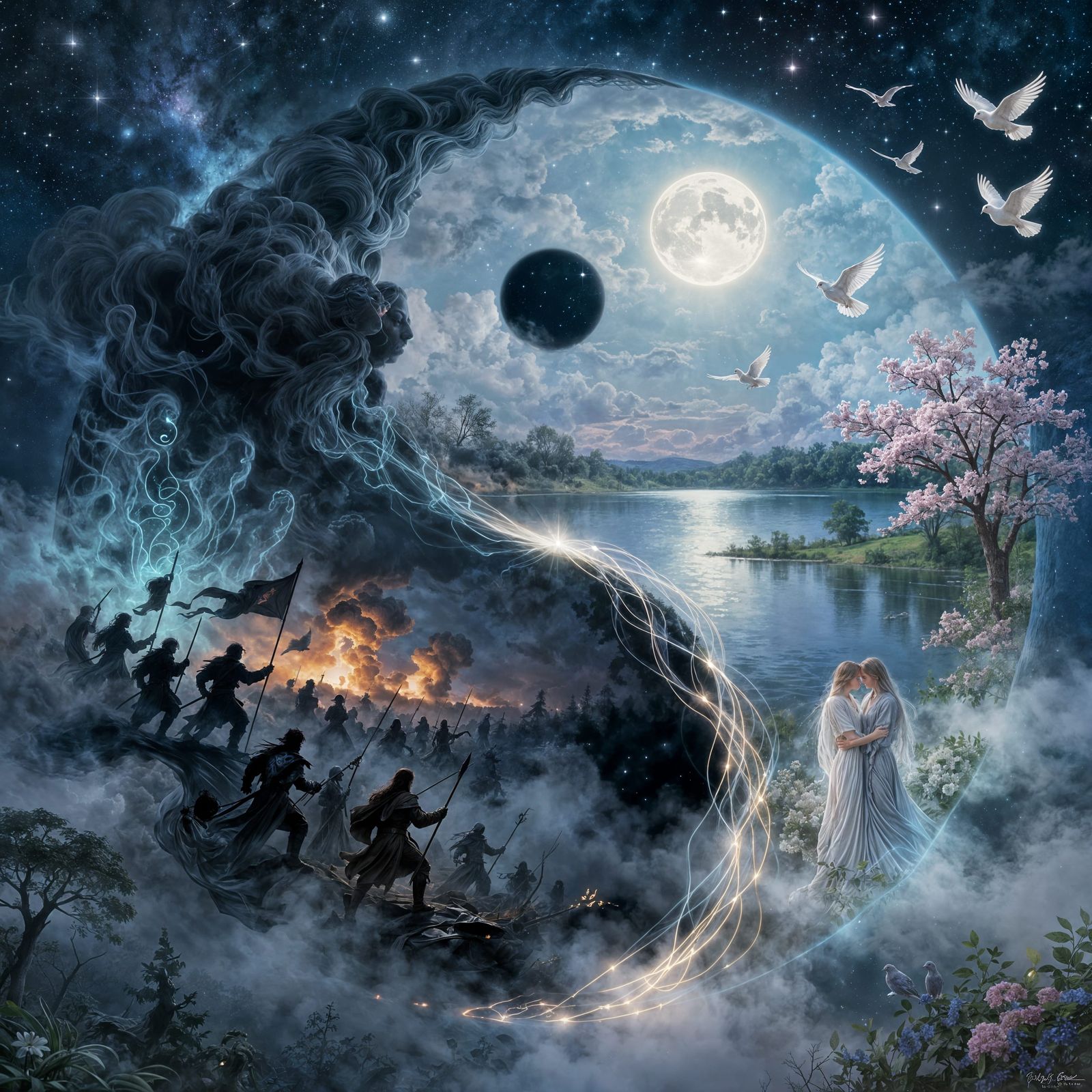 Cosmic Yin-Yang Sky Symbolizing Conflict and Peace