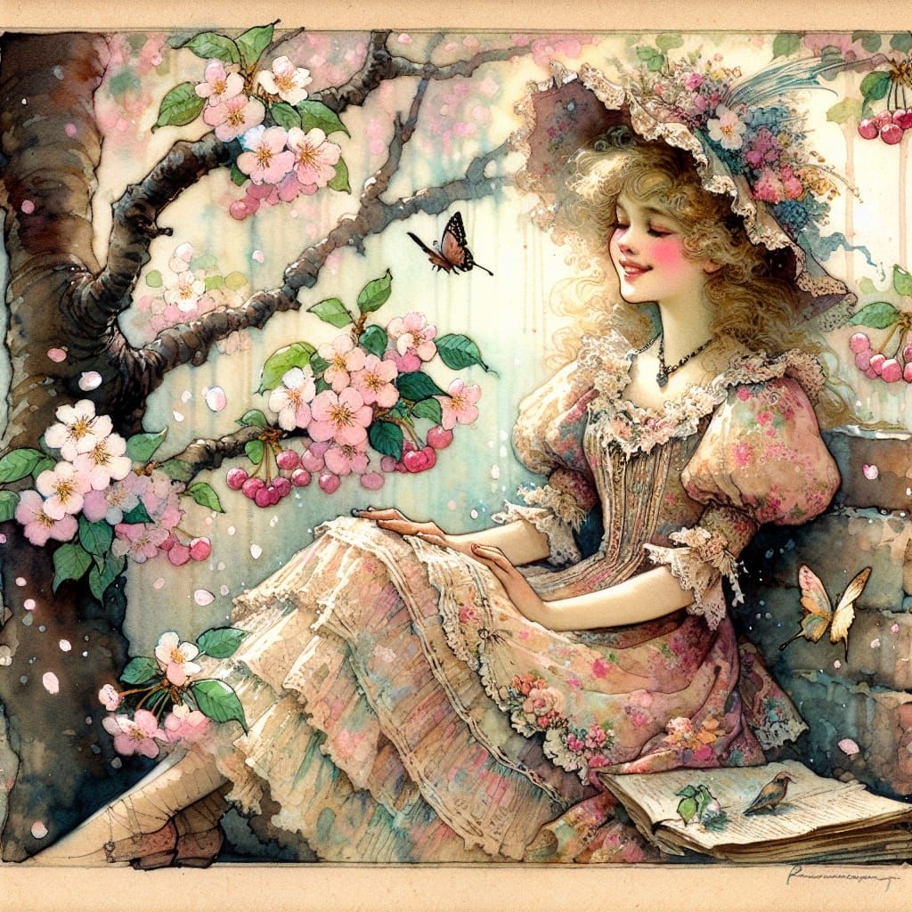 Girl in Cherry Tree, Watercolor Art Nouveau Painting