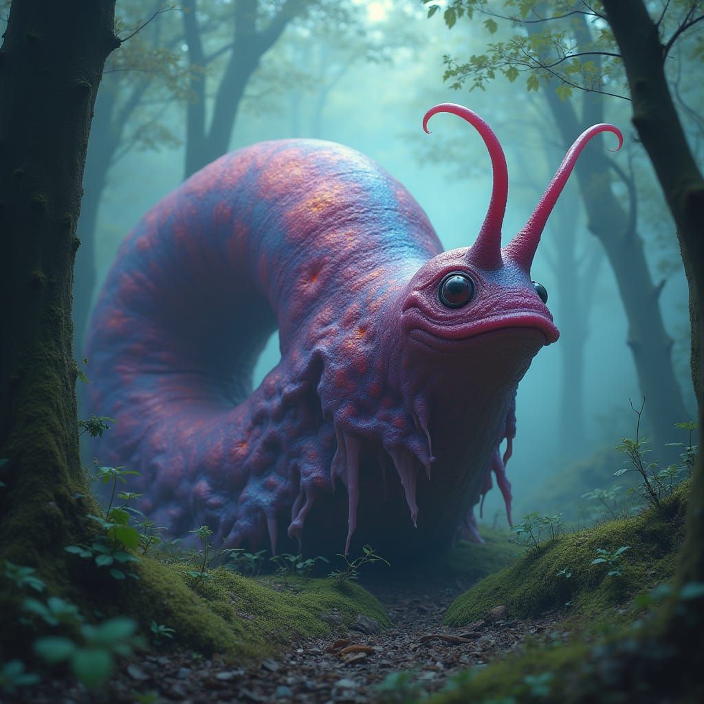 Iridescent Giant Slug in Mystical Forest, Digital Art