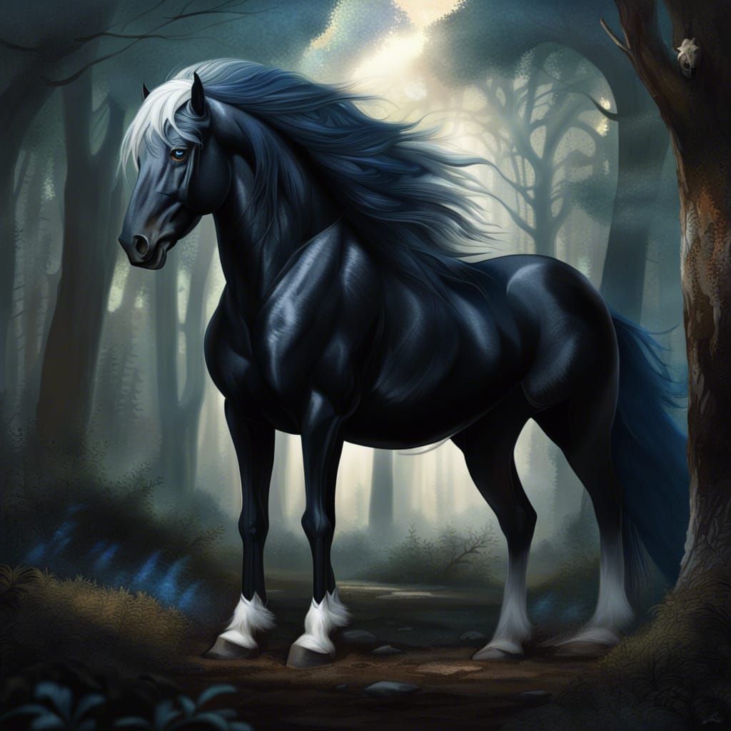 Majestic Black Stallion in Dark Fantasy Forest
