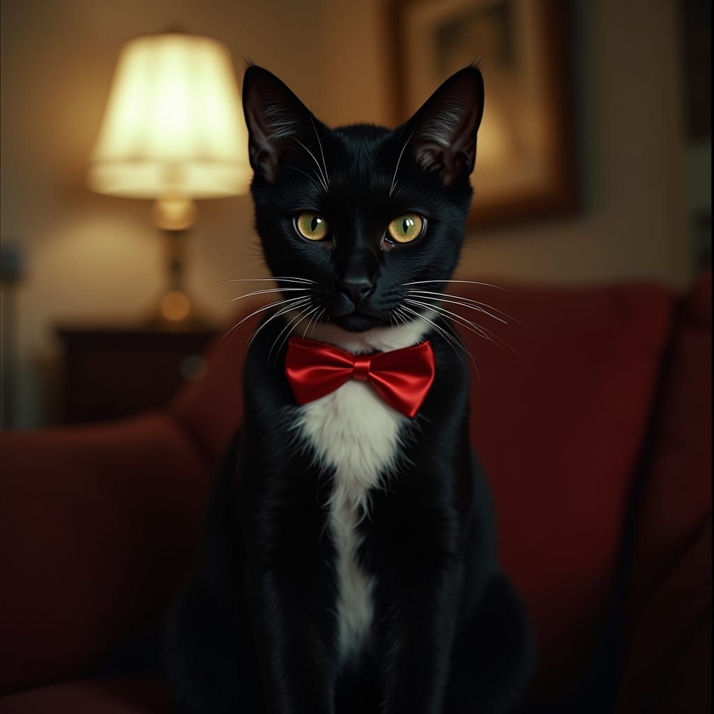 Elegant Tuxedo Cat in Red Bow Tie: Cinematic Portrait