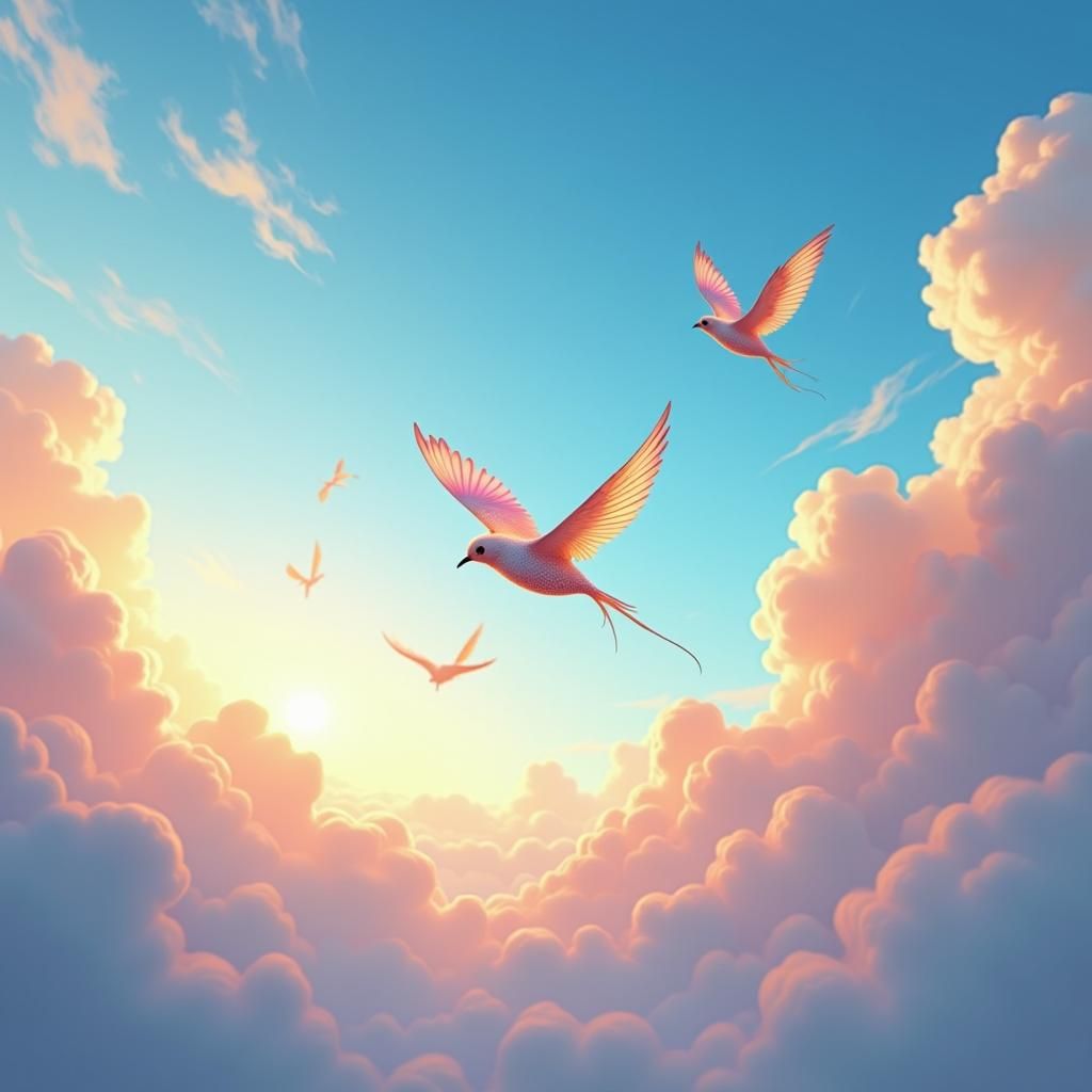 Fantasy Birds Soar in Iridescent Blue-Orange Sky
