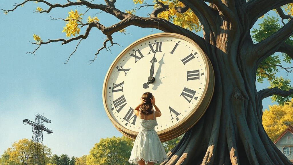 Woman Weeping Before Clock in Gouache Style