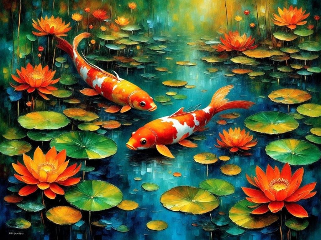 Impressionist Koi Pond with Lily Pads