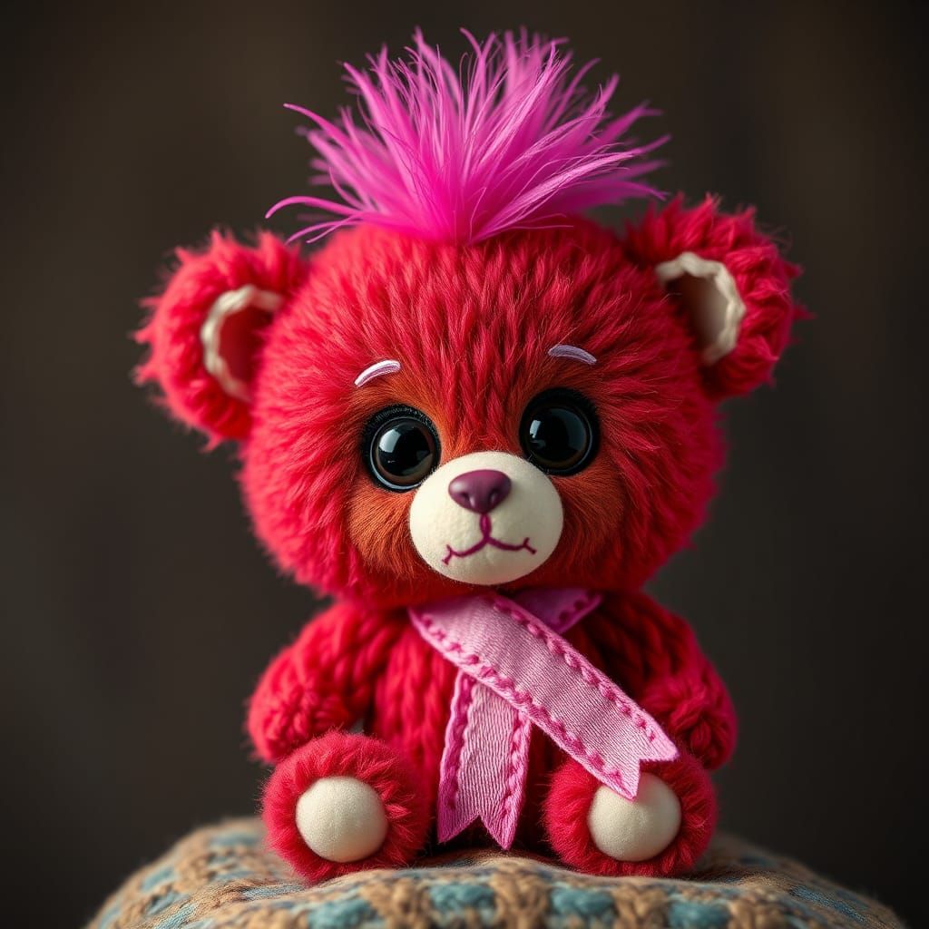 Red Baby Bear with Pink Ribbon, Knitted Yarn Art