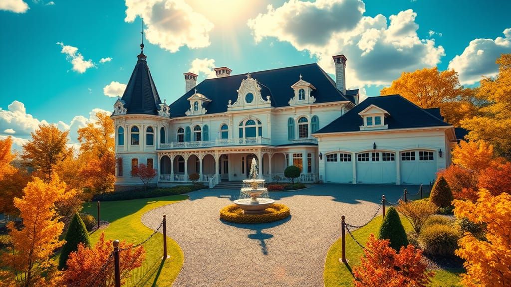 Victorian Mansion Amidst Vibrant, Sun-Kissed Landscape