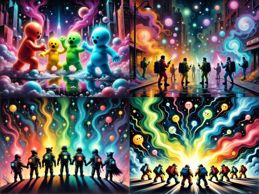 Surreal Chalk Art of Colored Meeples Battling Ghosts in a Wh...