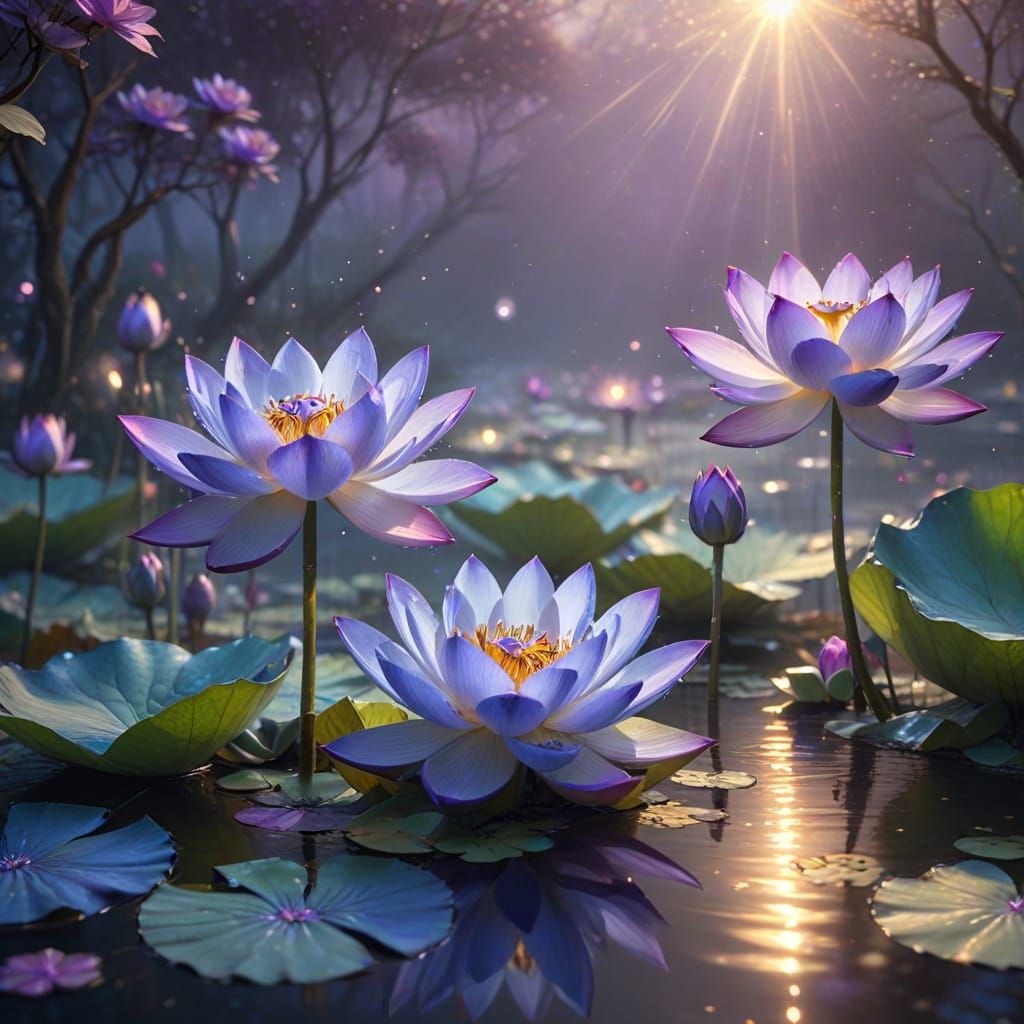 Ethereal Pond with Glowing Lotus Flowers