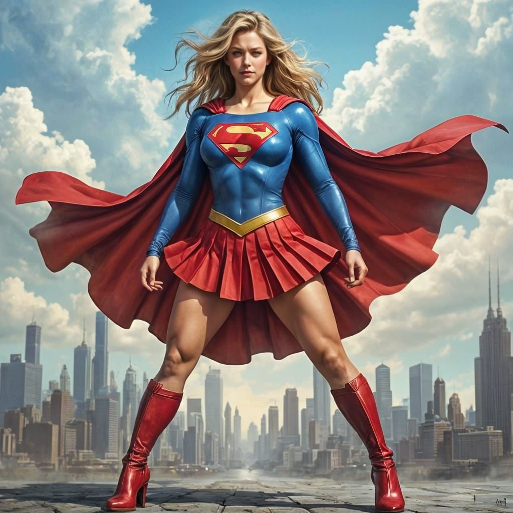 Supergirl in Dynamic Action Pose, Pencil Sketch and Oil Pain...