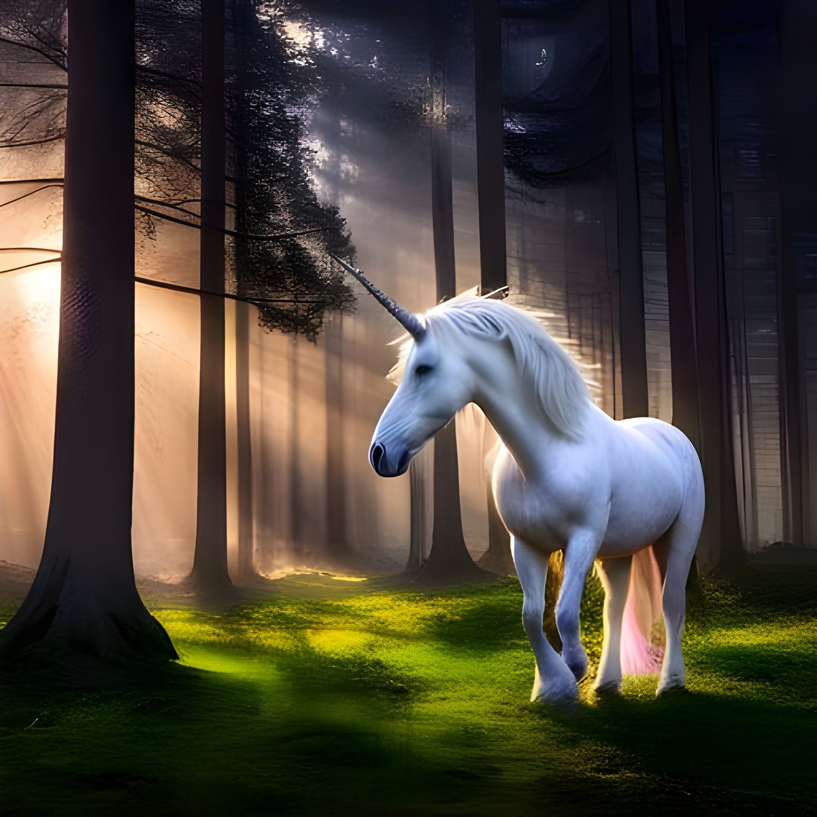Majestic Unicorn Grazing in Mystical Forest at Dawn