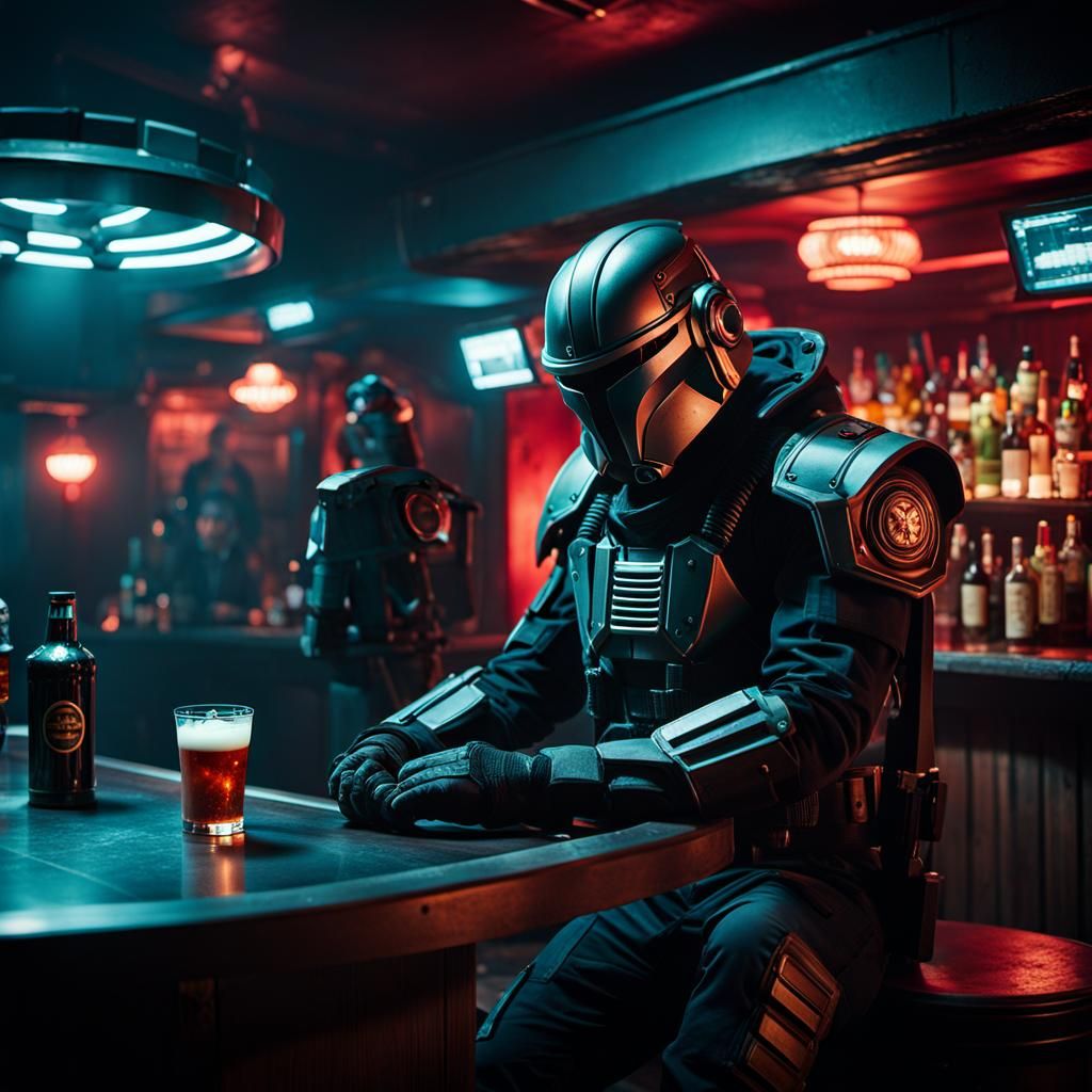 Sci-Fi Bounty Hunter in Shady Bar: Cinematic Still