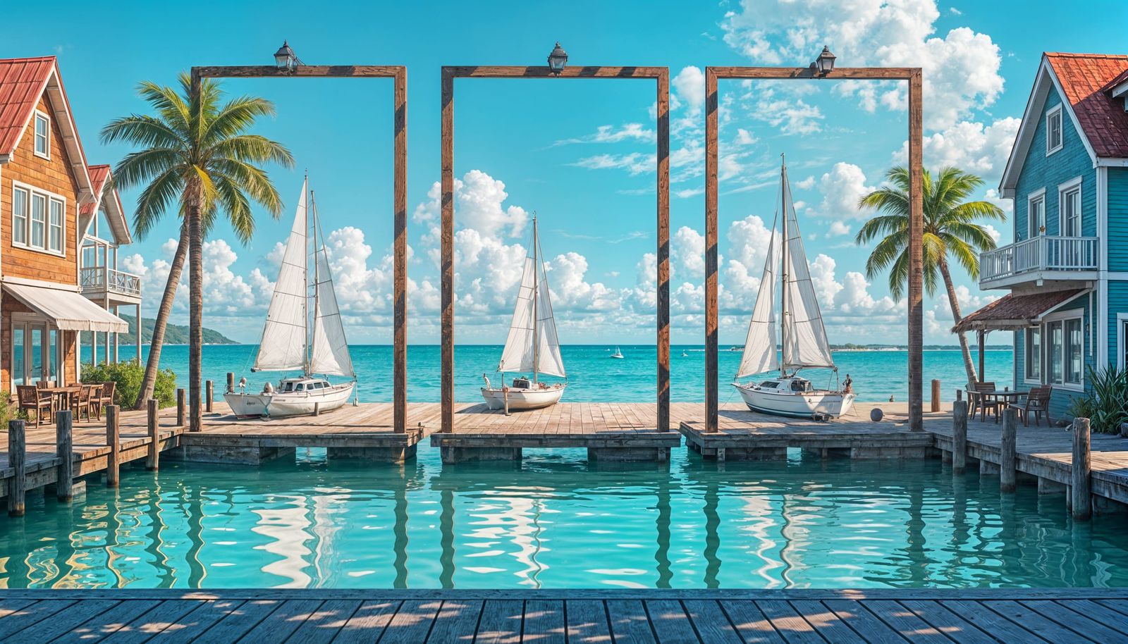 Beach Triptychs on New York Street, Anime Cel-Shaded Style