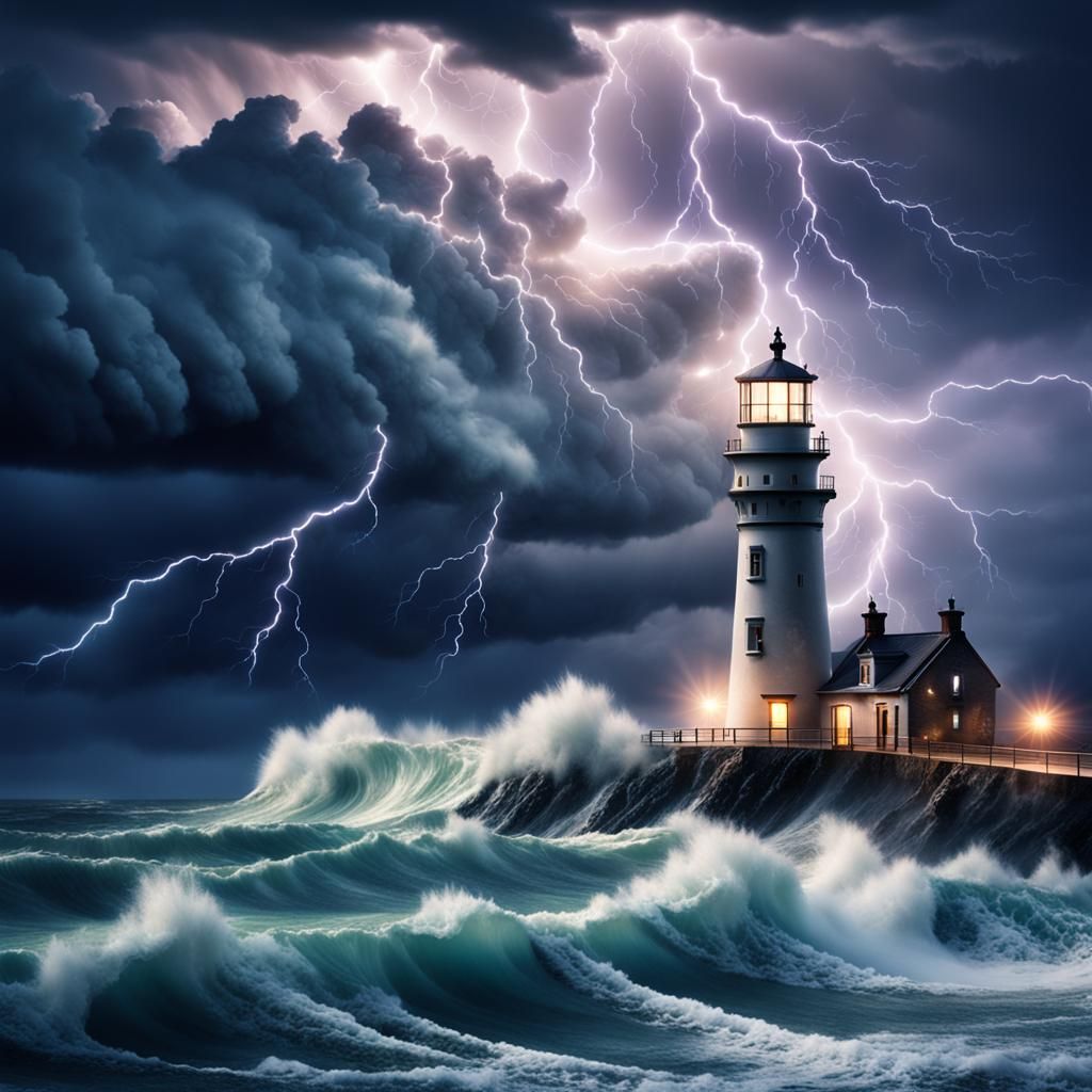 Lighthouse in Stormy Sea with Lightning