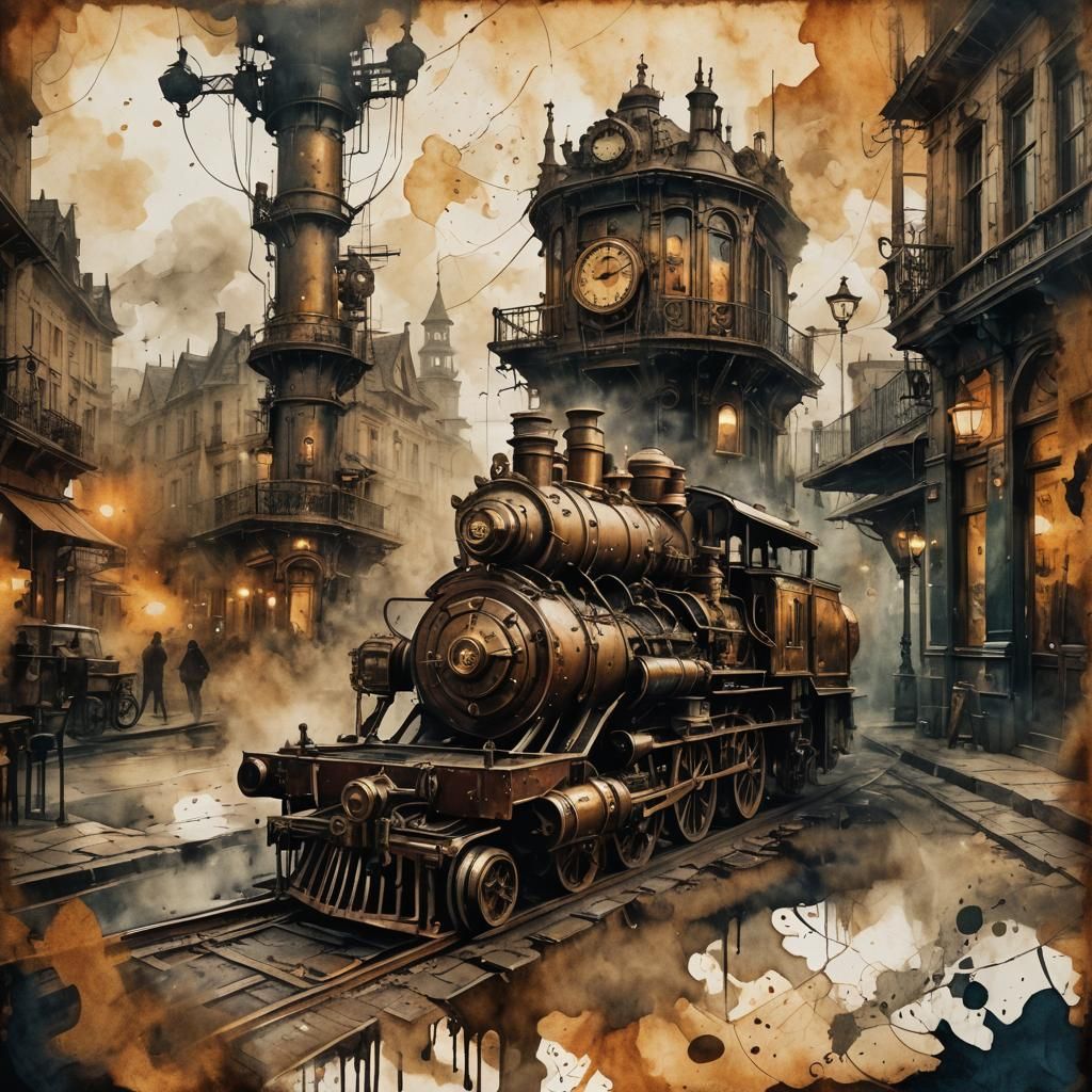 Steampunk London Train Tracks in Ink Painting Style
