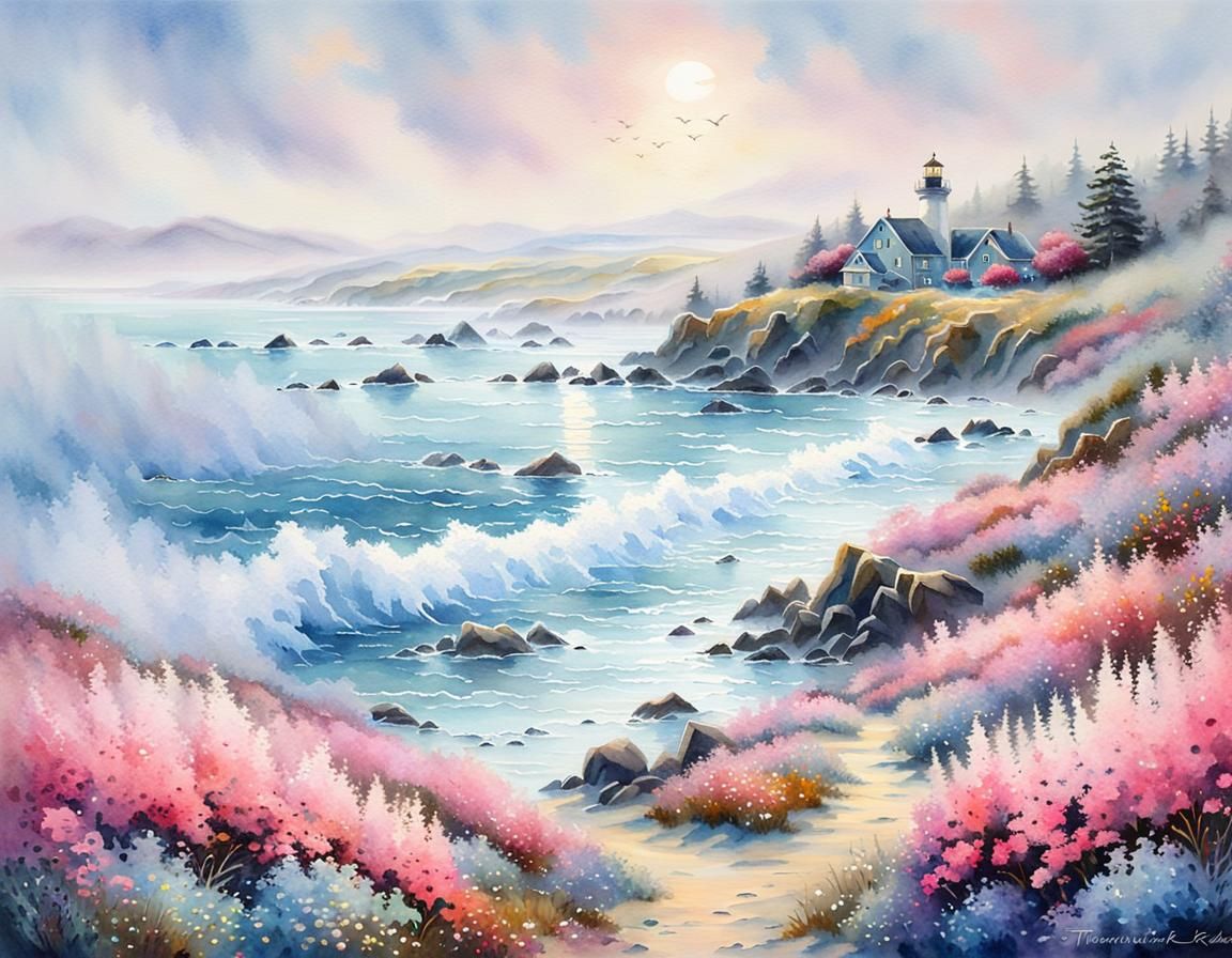 Bodega Bay Coastal Scene with Pink Ice Flowers