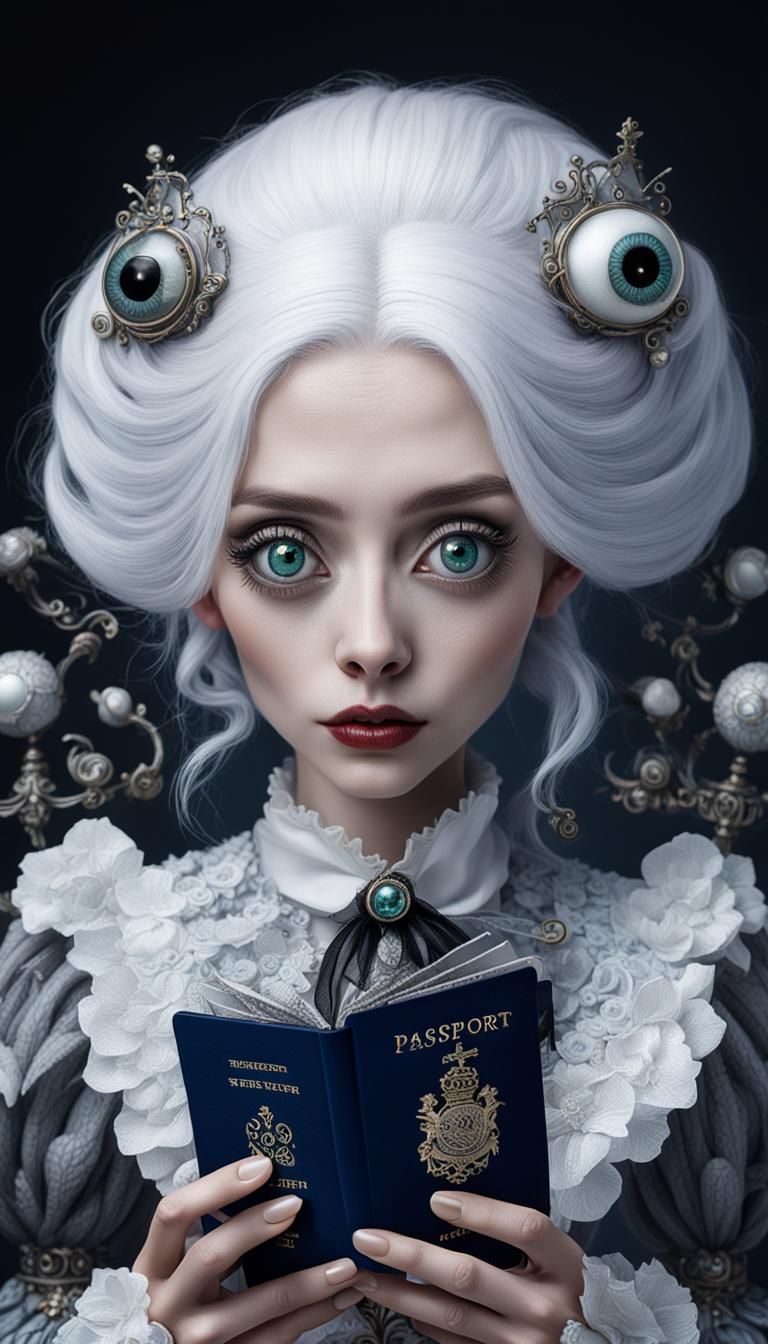 Victorian Girl with Passport in Burtonesque Macro Photograph...