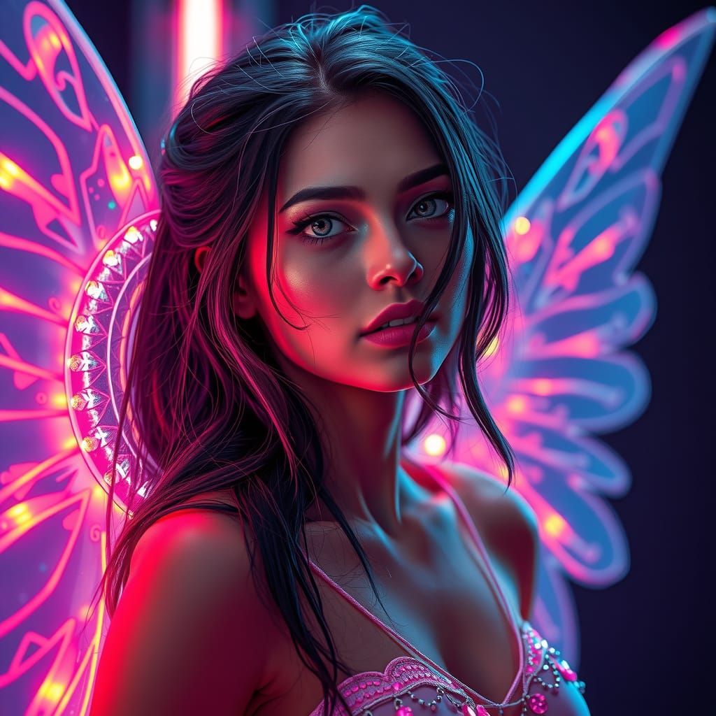 Woman with Glowing Wings in Neon Light, Digital Art
