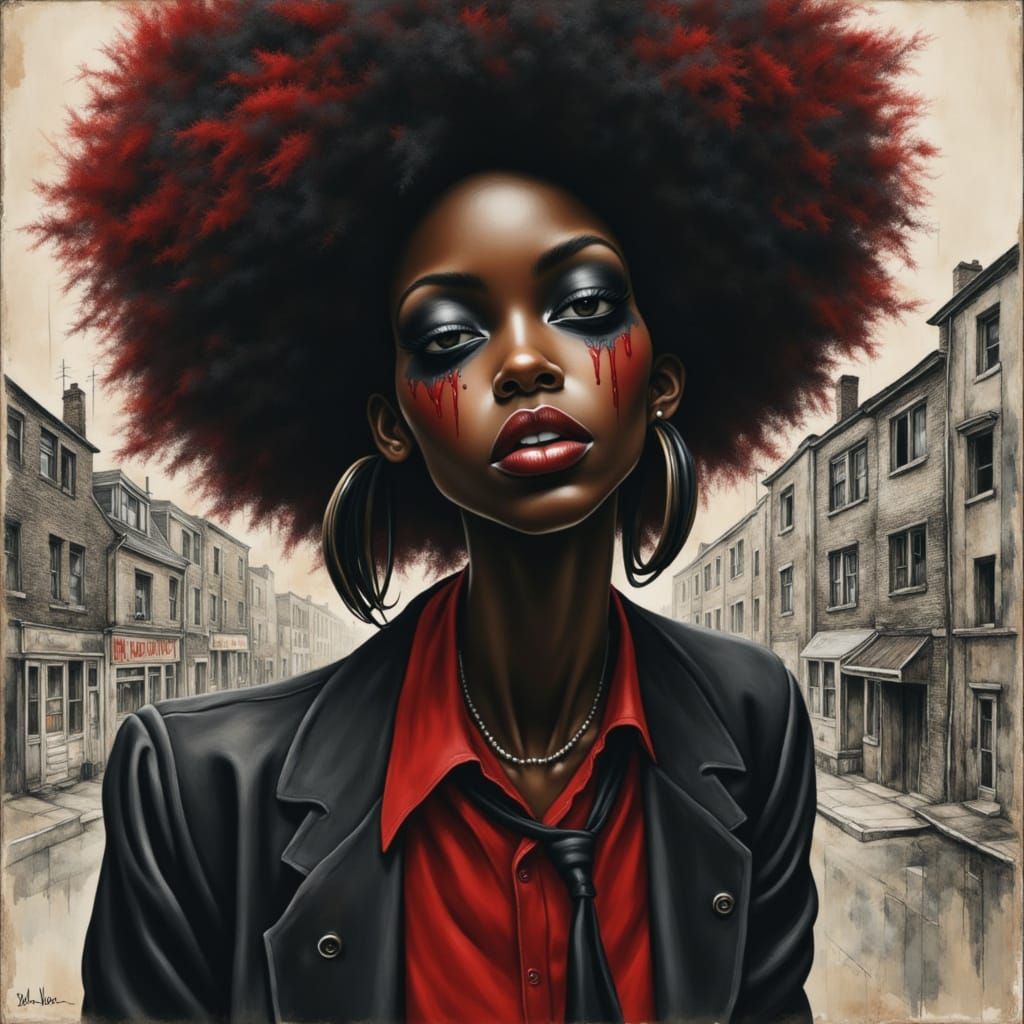 Afro-Goth Teen in Haunted Metropolis: Digital Oil Painting