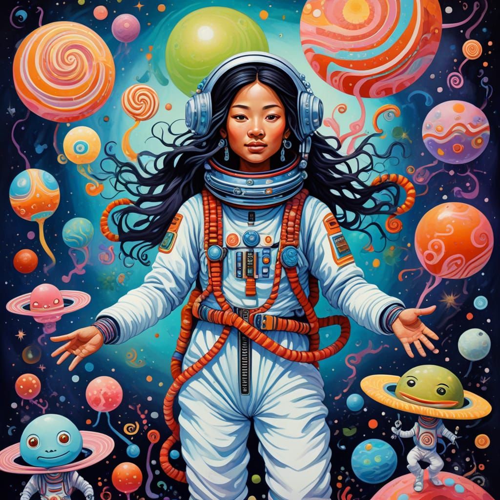 Tibetan Shaman Woman in Space with Friendly Aliens
