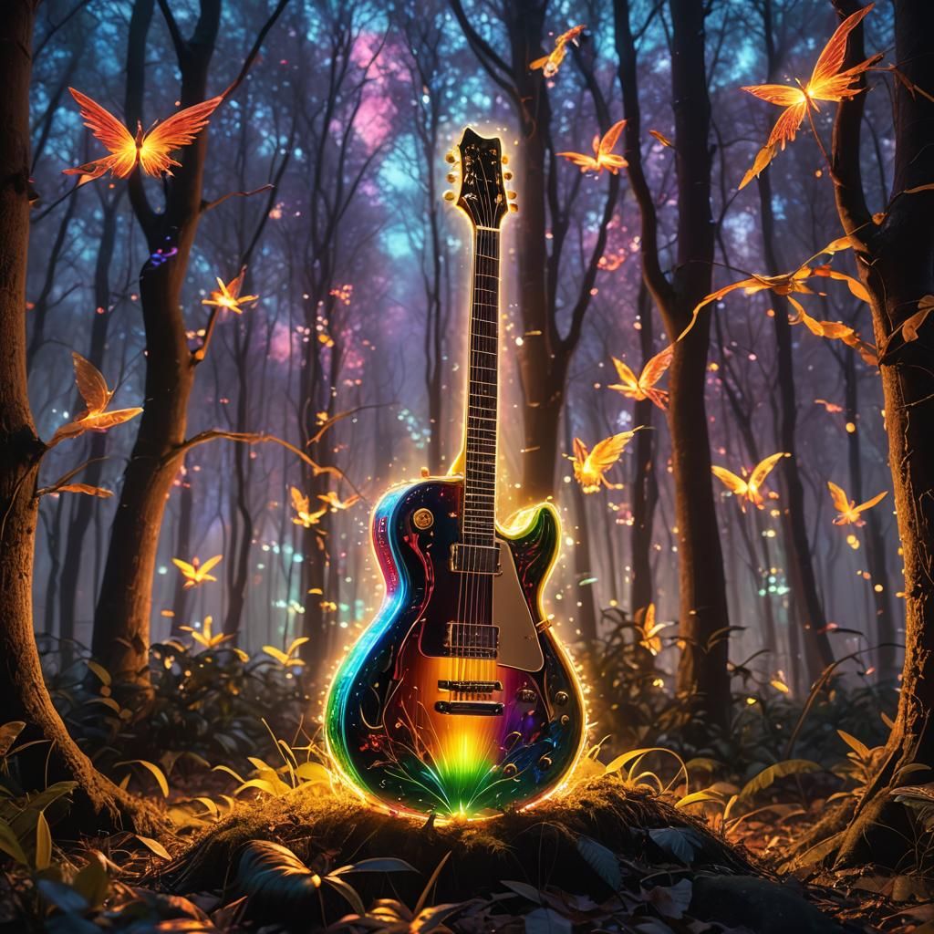 Rainbow Guitar in Magic Forest with Golden Wings