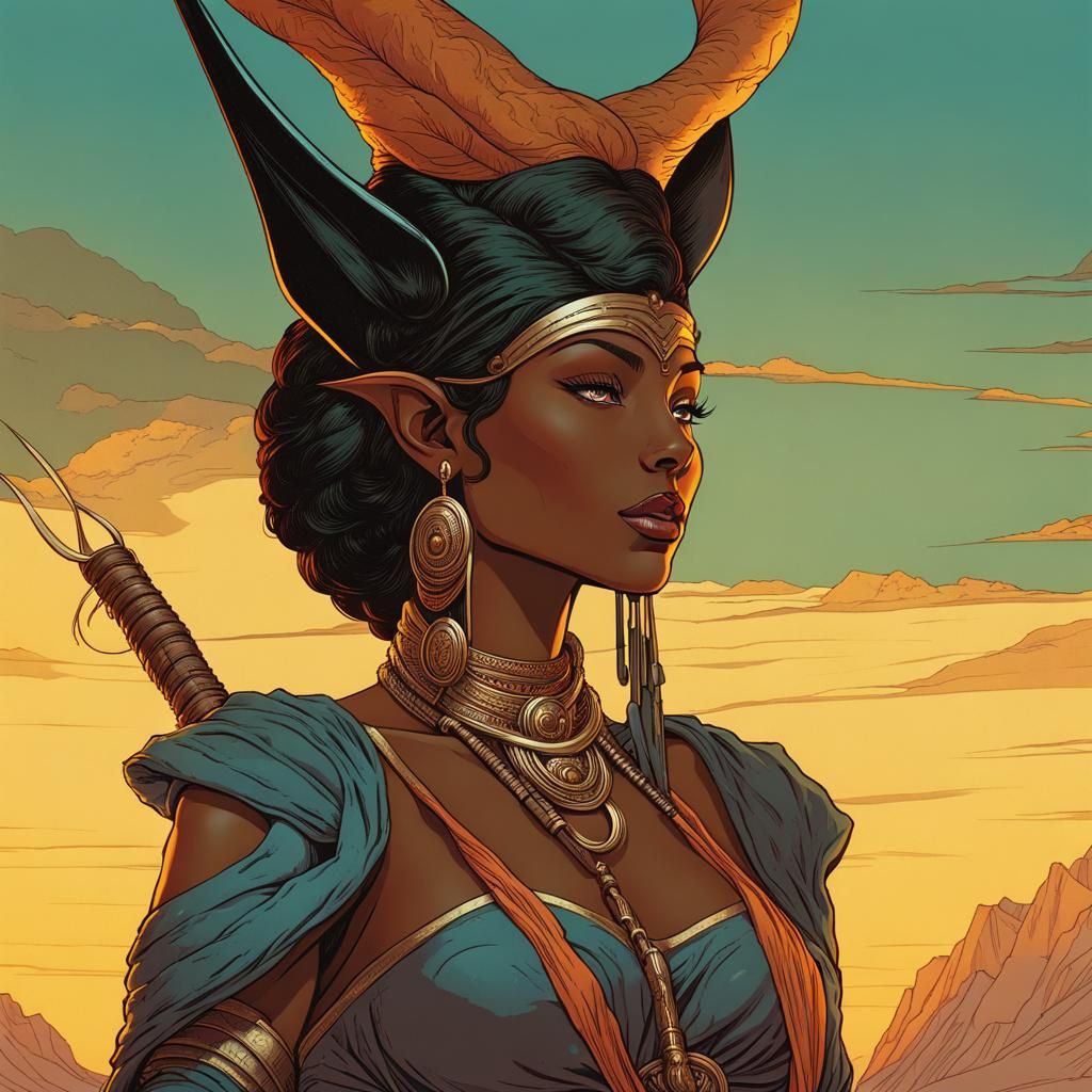 Elf Warrior Goddess in Moebius Style Landscape